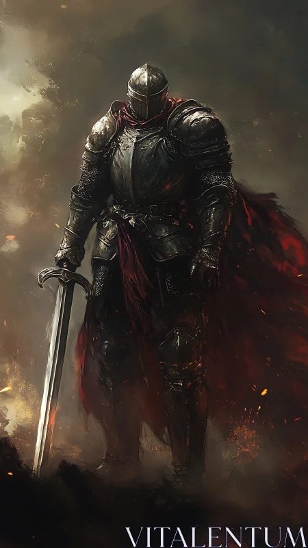 Armored dark knight with greatsword in burning fog.