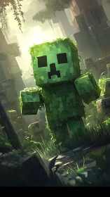 Blocky forest creature stalks lush sunlit ruins
