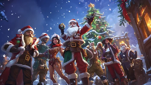 Roguish Santas rally under a blazing festive battle tree.