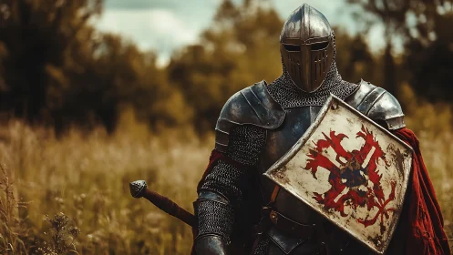 Steel-clad knight stands vigilant beneath a fading summer sky.