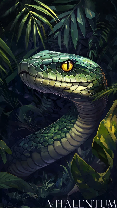 Curious emerald serpent peeking gently through lush jungle leaves.