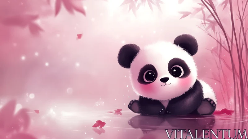 Cartoon panda sits beside reflective water in pink light