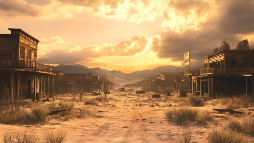 Deserted western street under blazing sunset sky.