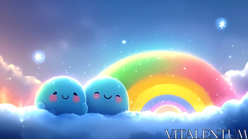 Luminous Anthropomorphic Cloud Characters with Polychromatic Rainbow Arc