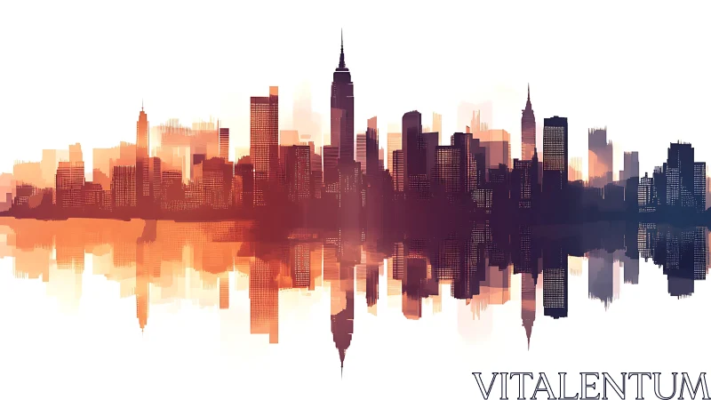 Layered dusk skyline uses mirrored silhouettes and gradient color fields