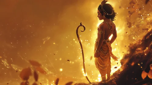 Backlit warrior silhouette amid volumetric golden particle field