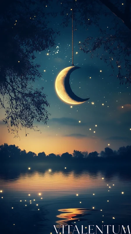 Hanging crescent moon glows over tranquil twilight lake.