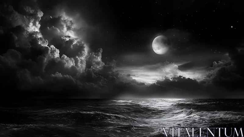 Lunar-illuminated storm sea under contrasted nocturnal cumulonimbus.