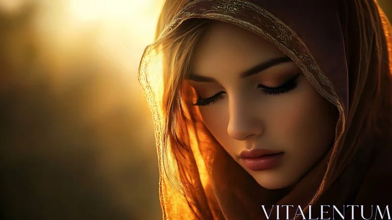 Veiled young woman bathed in warm backlit golden glow