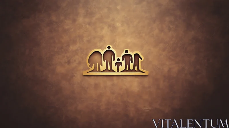 Golden minimalist family silhouette icon on textured wall.