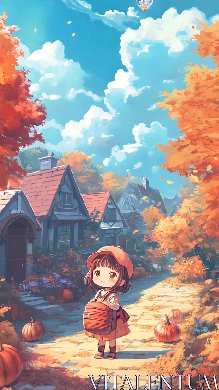 Child on pumpkin-lined village path under bright autumn sky.