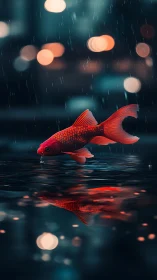 Koi fish hovers above wet surface with bokeh rain illumination