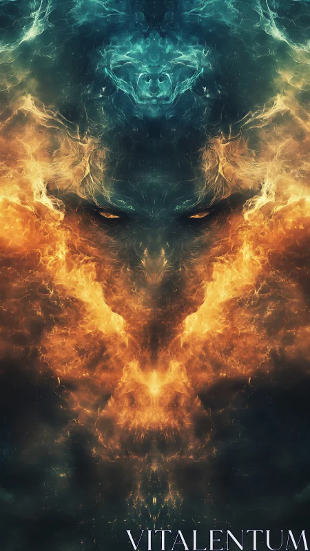 Infernal nebula face emerges through teal and amber fire.