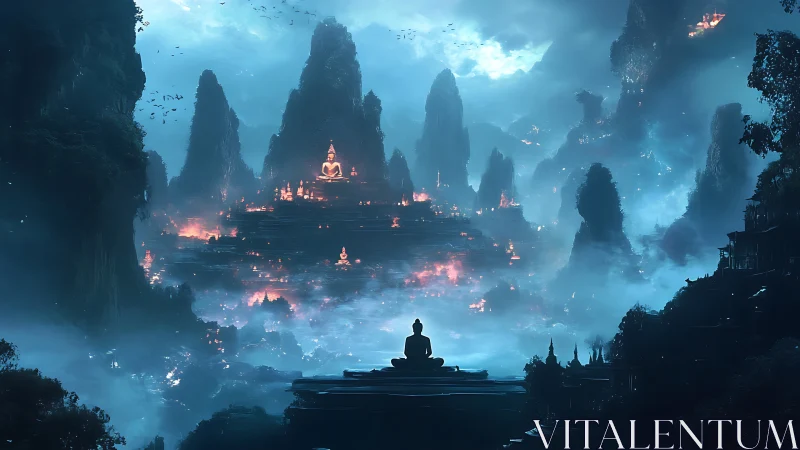 Monastic silhouette observing luminescent mountain citadel at dusk.