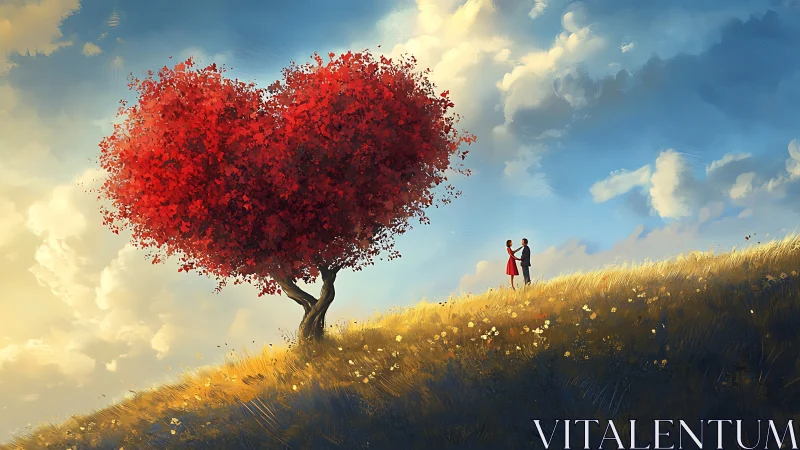 Heart-Shaped Red Tree on Golden Meadow.