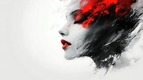 Female profile silhouette merges into red and black brush strokes