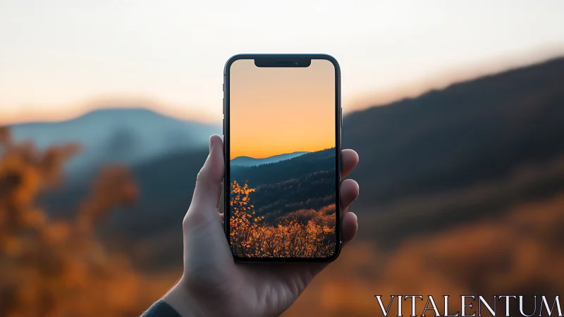 Smartphone frame captures autumn mountains at sunset.