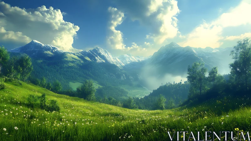 Mountain valley landscape shows sunlit meadow and snowy peaks