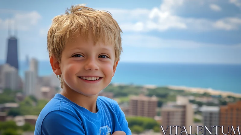Blonde-Haired Boy Portrait with Coastal Urban Panorama Backdrop