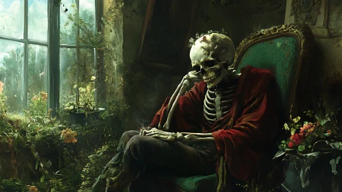 Skeleton in decayed interior facing overgrown window garden.