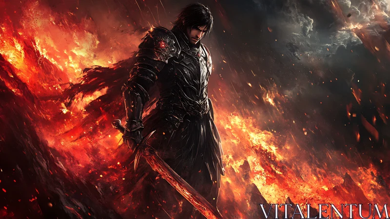Dark armored warrior over fiery battlefield abyss.