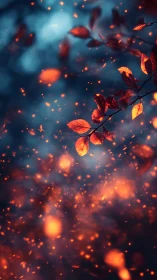 Autumn foliage with luminescent particle dispersion and atmospheric bokeh rendering.