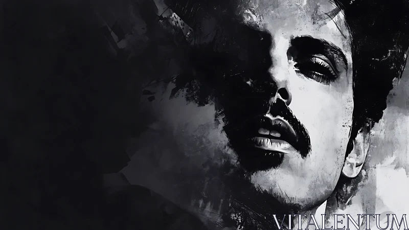 High-contrast male portrait dissolving into abstract grayscale noise