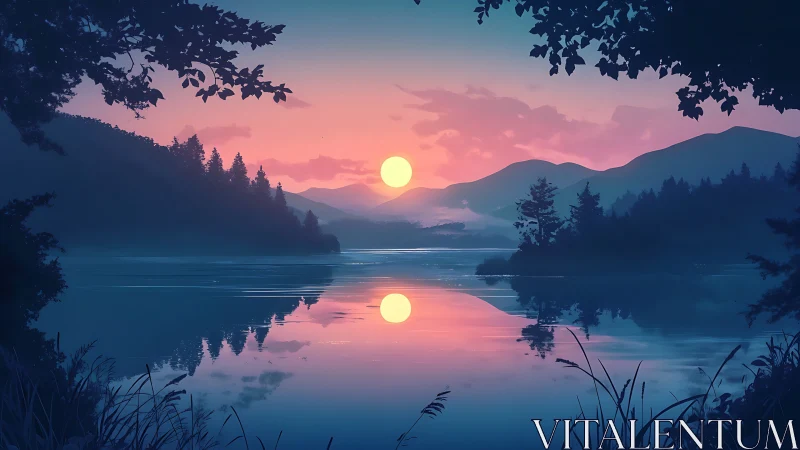 Digital painting of tranquil lakeside sunset reflection panorama.