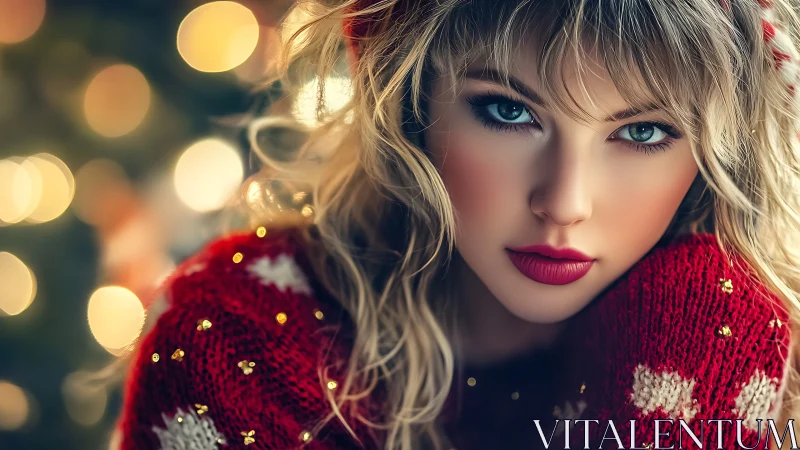 Holiday portrait with sparkling bokeh and red knit sweater.