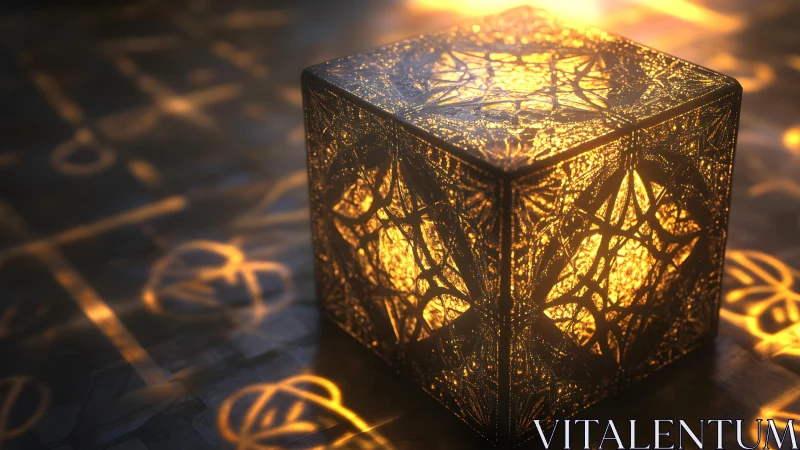 Glowing ornamental cube lamp casting intricate light patterns.