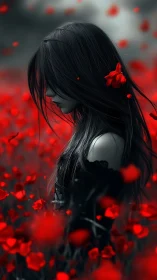 Solitary girl stands in red poppy field under muted sky