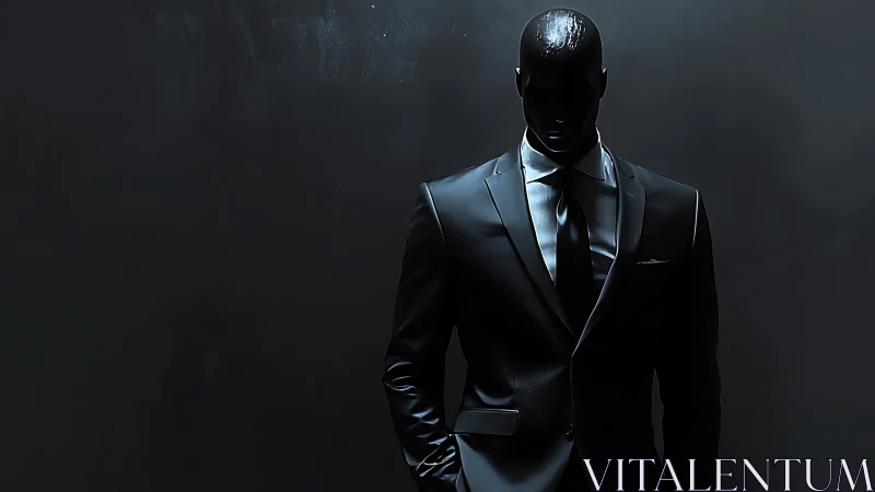 Mysterious suited figure standing in softly lit shadows.