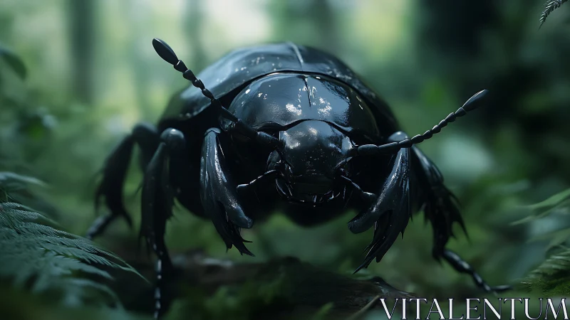 Midnight beetle knight prowl in mist-soaked forest shadows.