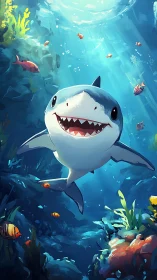 Cartoon shark swims toward viewer in bright blue reef