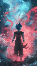 Blue haired warrior stands in swirling red blue energy.
