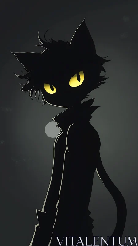 Glow-eyed cat silhouette strolls softly through moonlit night