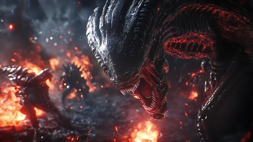 Fierce alien creature glowing in firelit sci fi battleground.