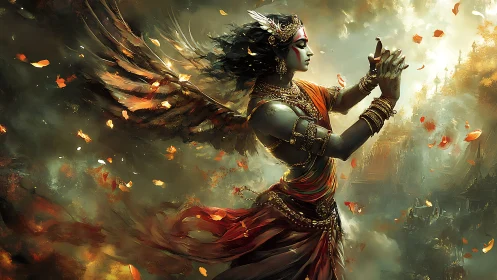 Winged deity in flowing robes amid drifting embers.