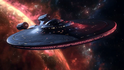 Stellar cruiser crossing nebula-lit orbit in deep space.