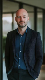 Corporate portrait of confident executive in modern hallway.