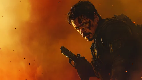 Battle-hardened soldier framed against infernal explosion light