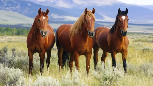 Three chestnut horses stand aligned in open grassland