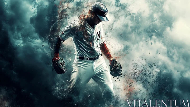 Baseball pitcher strides through explosive storm of color.