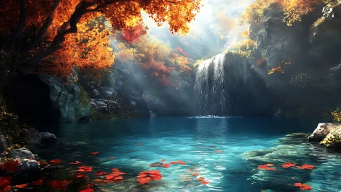Sunlit autumn waterfall cradling a tranquil turquoise pool.