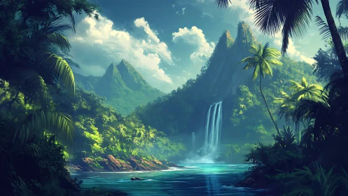 Lush tropical valley with twin waterfalls and sunlit peaks.