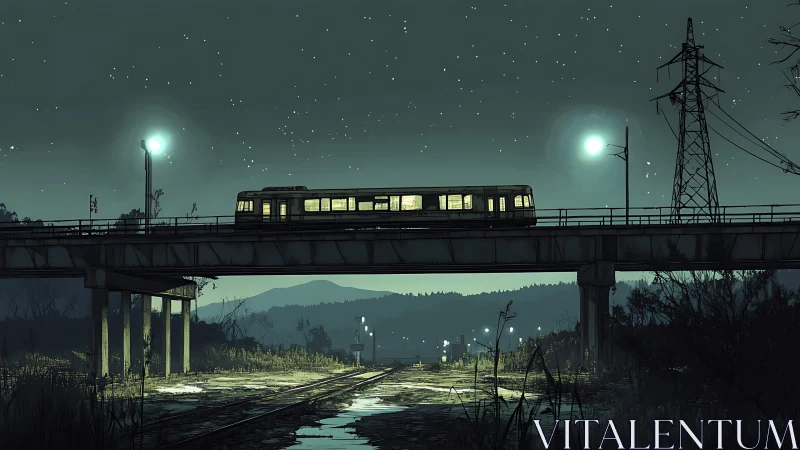 Night suburban train crossing elevated rail bridge scene.