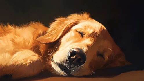 Golden retriever resting on side in soft directional light.