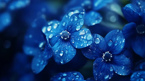 Sapphire petals surrender to dewy decadence in crystalline rain