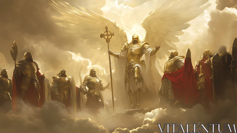 Winged armored figure addresses soldiers in clouded light