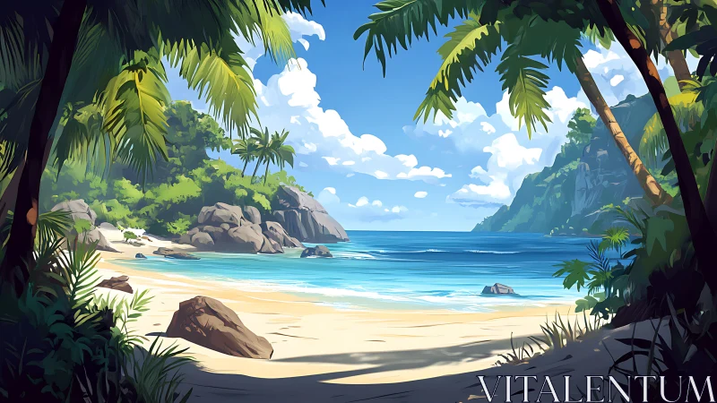 Tropical Beach Cove with Palm Fronds and Rocky Formations.